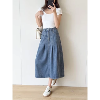 กระโปรงยีนส์ยาวแต่งจิ๊บS-8XL เอวสูงเก็บพุง สาวพลัสไซส์ใส่สวย นื้อผ้ายีนส์ไม่ยืด