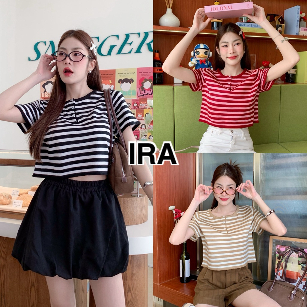 BY IRA Jamille top 💝พร้อมส่ง💝 เสื้อครอปไหมพรมแขนสั้นลายทาง สำหรับผู้หญิง แฟชั่น คุณภาพสูง | สไตล์เกาหลี
