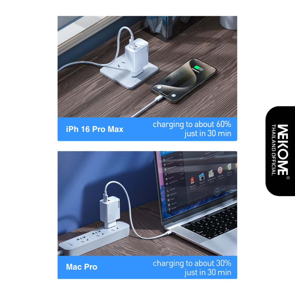 [ฟรีสาย C-C 100W] หัวชาร์จเร็ว 45W GaN มี มอก. 2 พอร์ต USB+Type C – Fast Charger Adapter WK WEKOME - รูปที่ 4