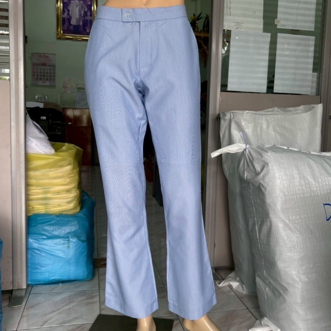 Sale กางเกงฟ้าริ้ว เอวต่ำ ขาม้า (ผ้าฟ้าริ้วขาว)