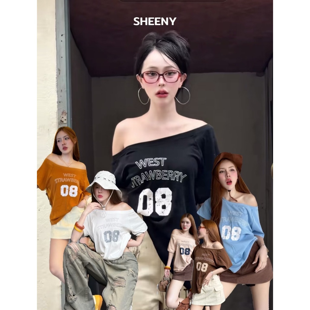WEST STRAWBERRY 08 Tee เสื้อปาดไหล่ตัวยาวแต่งสกรีนตัวหนังสือ เสื้อปาดไหล่สาวอวบใส่ได้ สีขาว ผู้หญิง Sheeny (S035)