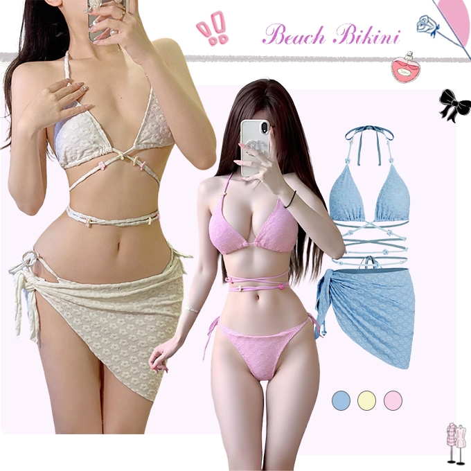 💗ส่งไวจากไทย💗Sexy bikini ชุดว่ายน้ำแฟชั่น 3 ชิ้นชุดบิกินี่ ผ้าคุณภาพสูงกระโปรงผ้ากอซเซ็กซี่ลวดลายดอกไม้ไม่มีสายรัดไหล่