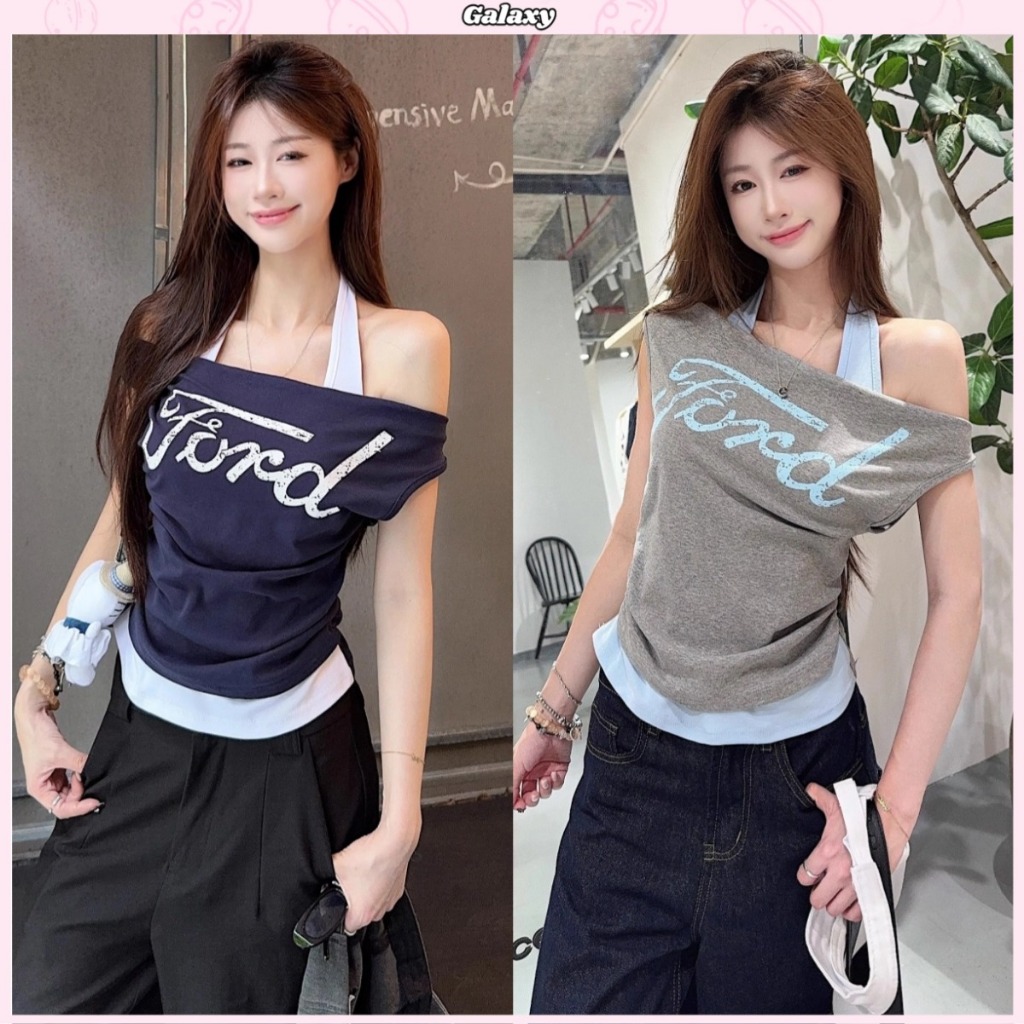 เสื้อแขนสั้นผู้หญิง เสื้อเปิดไหล่ เเบบ2ชิ้นติดกัน สไตล์อเมริกา ต่อสลับ เอวมีจับจีบ #020395