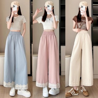 กางเกงขายาวทรงตรงผู้หญิง แต่งขอบลูกไม้ ทรงหลวม ลำลอง กางเกงข…