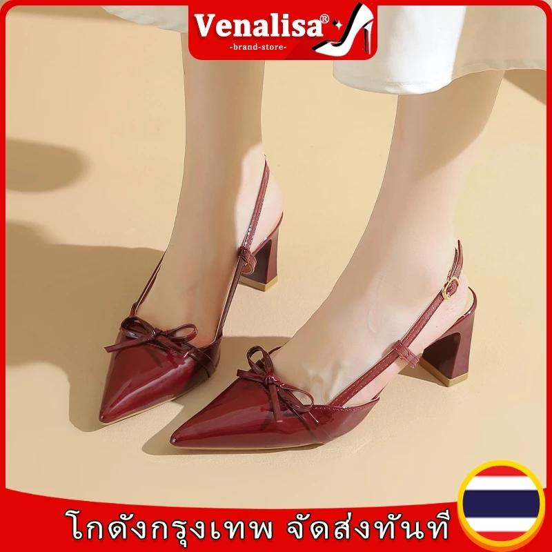 Venalisa แฟชั่น สูง รองเท้าส้นสูง หนัง แหลม รองเท้าแตะ โค้งคำนับ ส้นหนา 3 นิ้ว งานออฟฟิศ