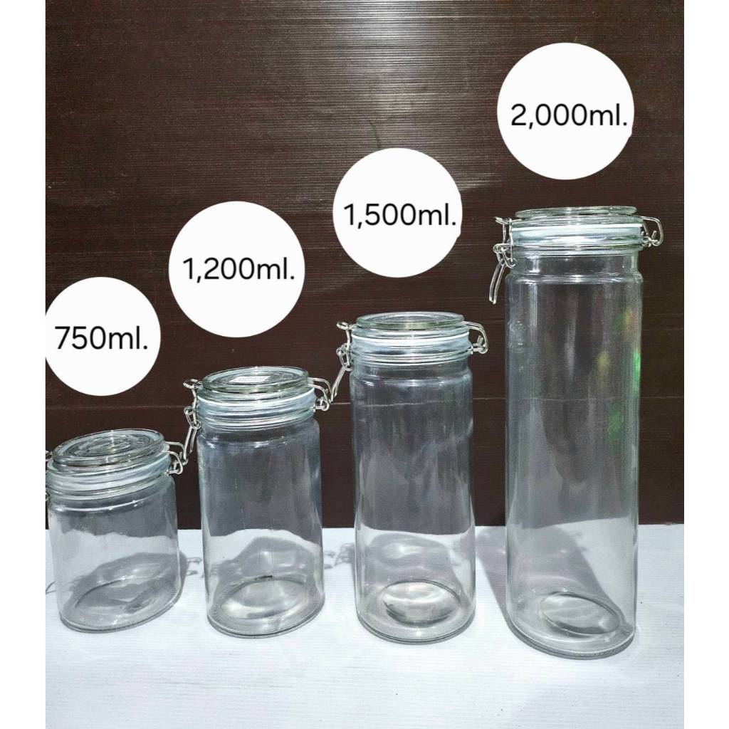 ขวดโหลแก้วใส ฝาล็อกแน่น เหมาะกับใส่ขนม  ของแห้ง หรือใช้ตกแต่ง 750/1,200/1,500/2,000 ml.