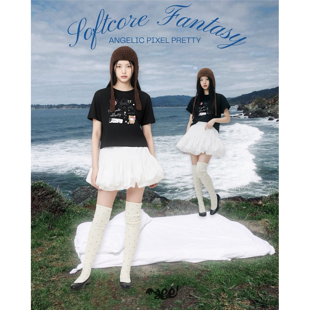 เสื้อยืด Baby Tee Mappi Softcore Fantasy Cotton 100% 210gsm ลาย Angelic Pixel Pretty สีดำ