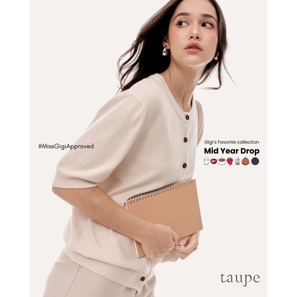 Taupe.brand - Ms.Gigi คาร์ดิแกนแขนสั้นสไตล์เกาหลี ผลิตจากผ้าฝ้ายผสม ดีไซน์เรียบหรู ตกแต่งกระดุมสีทอง Freesize