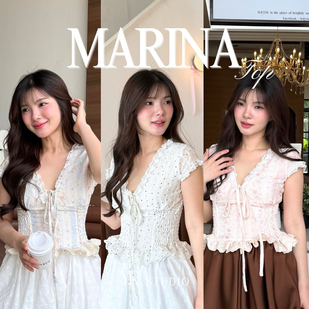 MARINA(ราคาปกติ320 ) สีฟ้ารอ7 วน สีอื่นพร้อมส่งเสื้อเเขนกุดเเต่งระบายลูกไม้ เอวเเต่งสม็อคผ้าคอตตอลปักฉลุมีซับในทั้งตัว