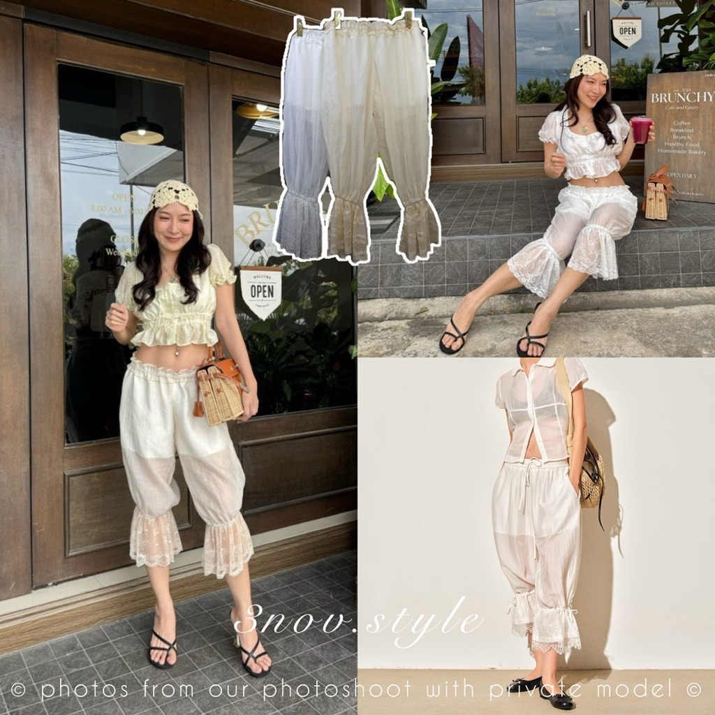 𝟑𝐧𝐨𝐯 | 바람결 팬츠 (𝐁𝐚𝐫𝐚𝐦𝐠𝐲𝐞𝐨𝐥 𝐏𝐚𝐧𝐭𝐬) : กางเกงขาสามส่วน แต่งลูกไม้ระบายปลายขา เอวต่ำ มีซับในตัว ผ้าเชียร์เบาสบาย