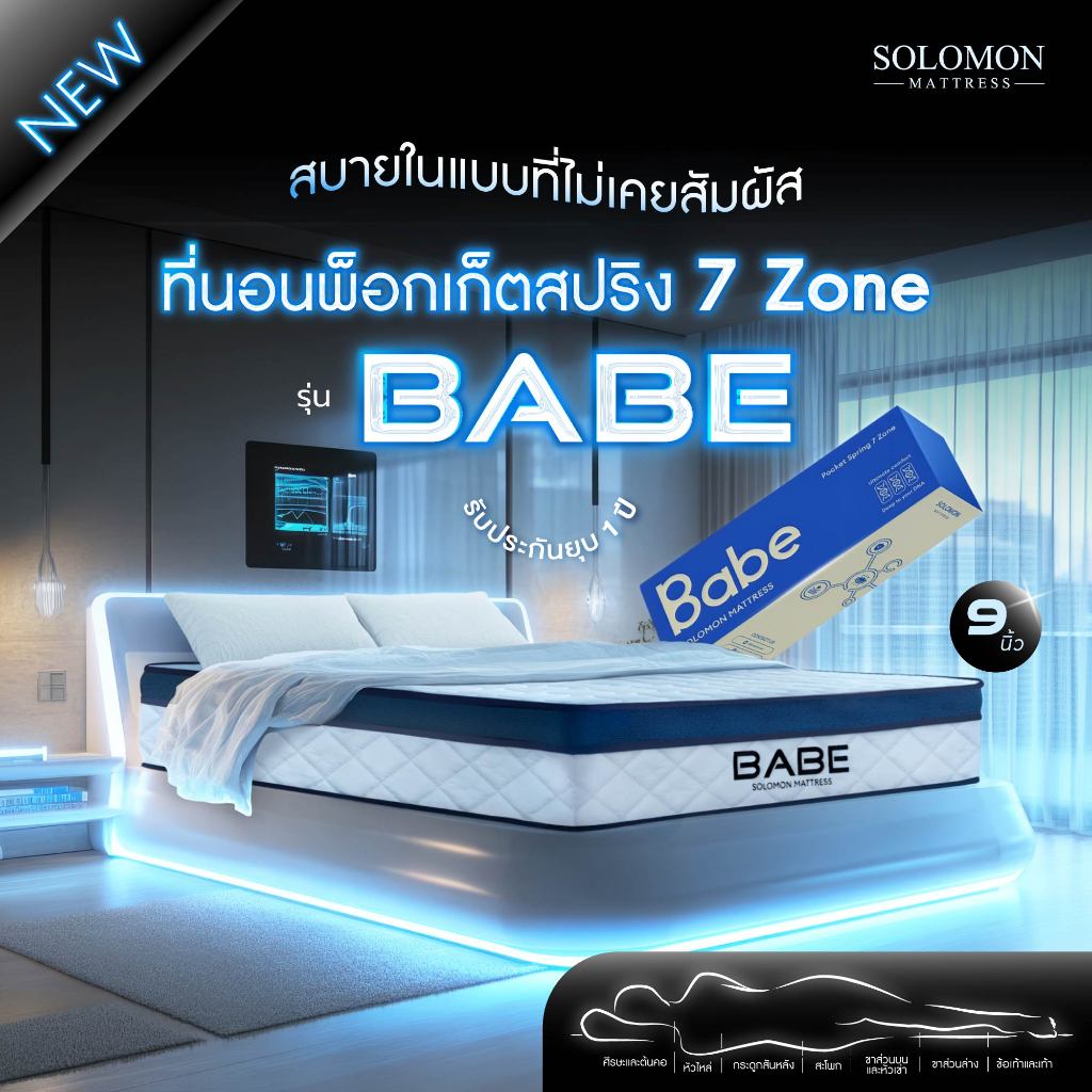 SOLOMON ที่นอนพ็อกเก็ตสปริง 7zone หนา9นิ้ว รุ่นBabe รับประกัน1ปี สัมผัสนุ่มพิเศษ