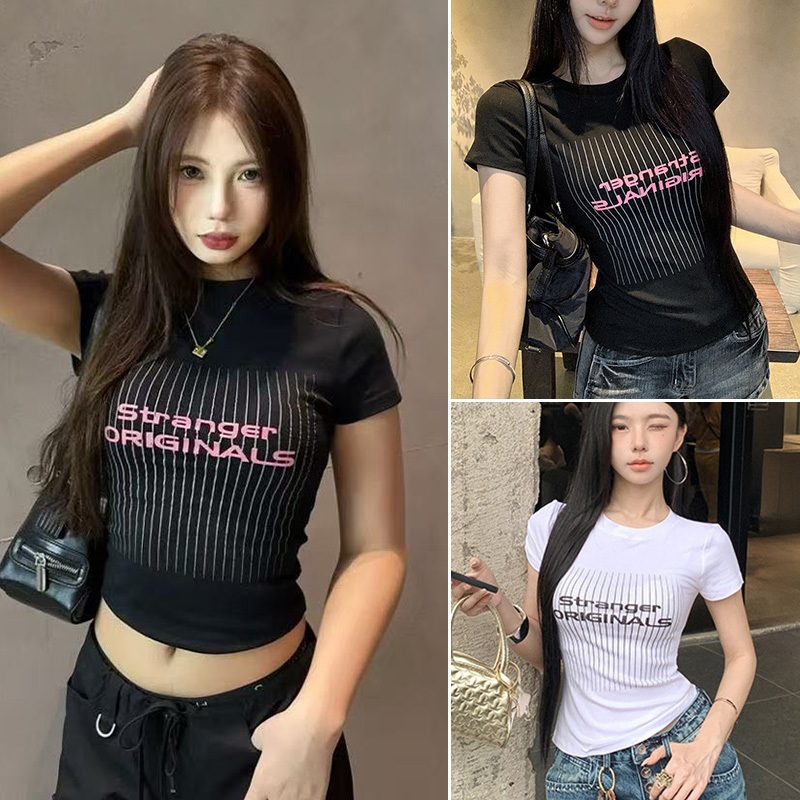 ส่งจากไทย เสื้อยืดผู้หญิง เสื้อยืดคอกลมแขนสั้น พิมพ์ลายอักษร ทรงเข้ารูป เเบบลำลอง เข้ากับทุกสไตล์ #F052
