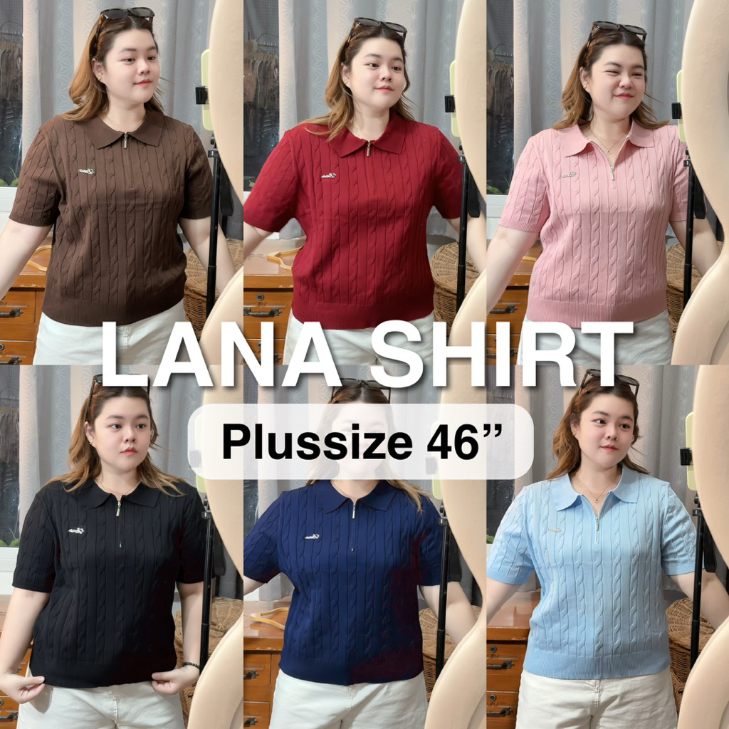 (ก่อนยืด46“)มี9สี เสื้อไหมพรมทอลายเปีย ยืดได้ทรงคอโปโล แต่งlanaตรงอก Plussize (ln)