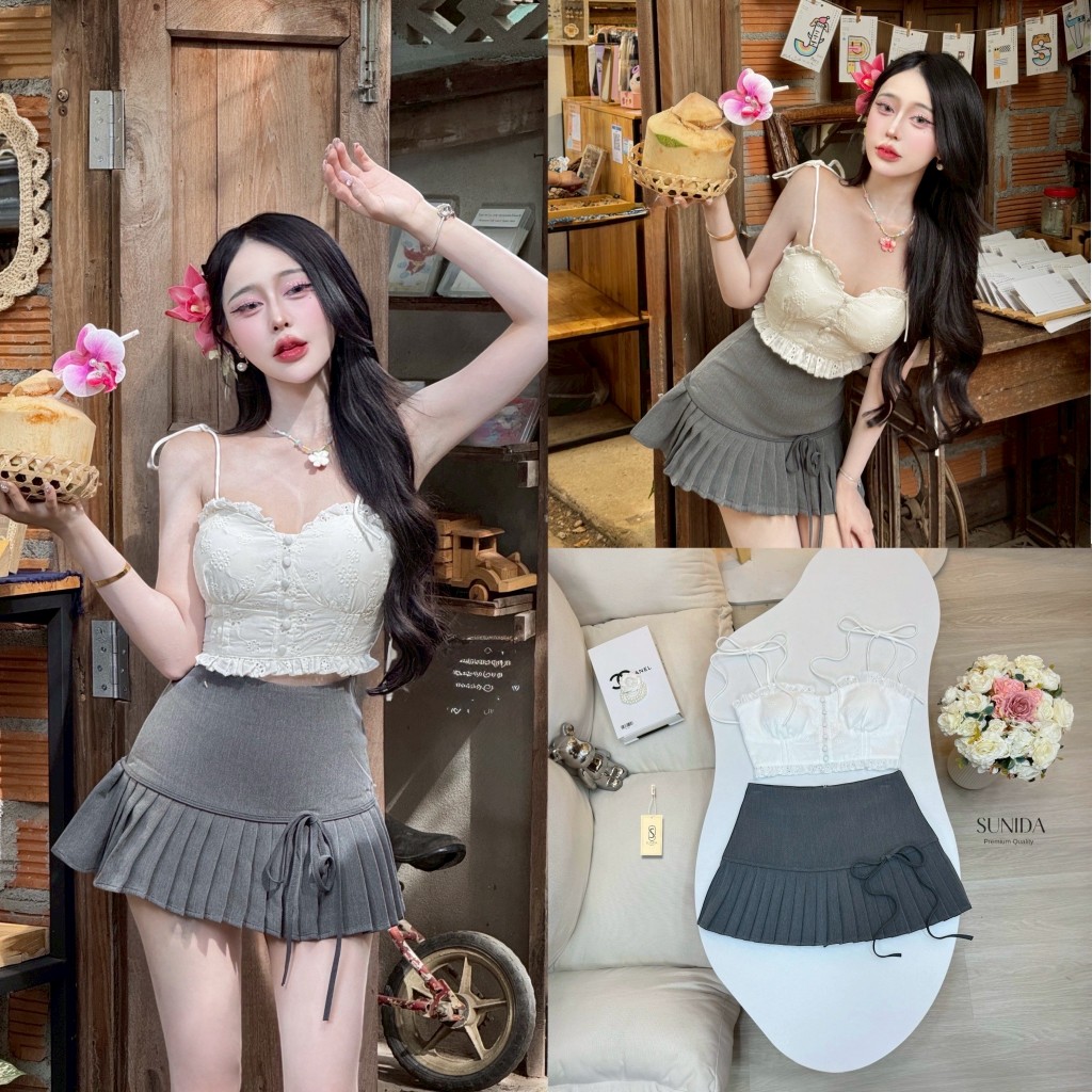 ❣️พร้อมส่ง📌 SUNIDA SET เสื้อเสริมฟองน้ำ กระโปรงซับในกางเกง แต่งโบว์ ใส่เที่ยว ออกเดท คาเฟ่ ปาร์ตี้