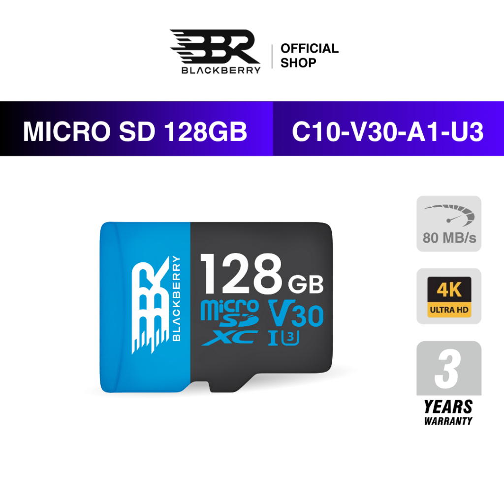 Micro SD Card 128GB Class 10 V30 A1 U3 รองรับ 4K Blackberry (BBR) Memory Card 128GB รับประกัน 3 ปี