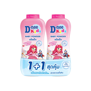 [แพ็คคู่] D-nee ดีนี่ คิดส์ แป้งเด็ก กลิ่นสตรอเบอร์รี่ โยเกิร์ต แคนดี้ 300+300 กรัม.