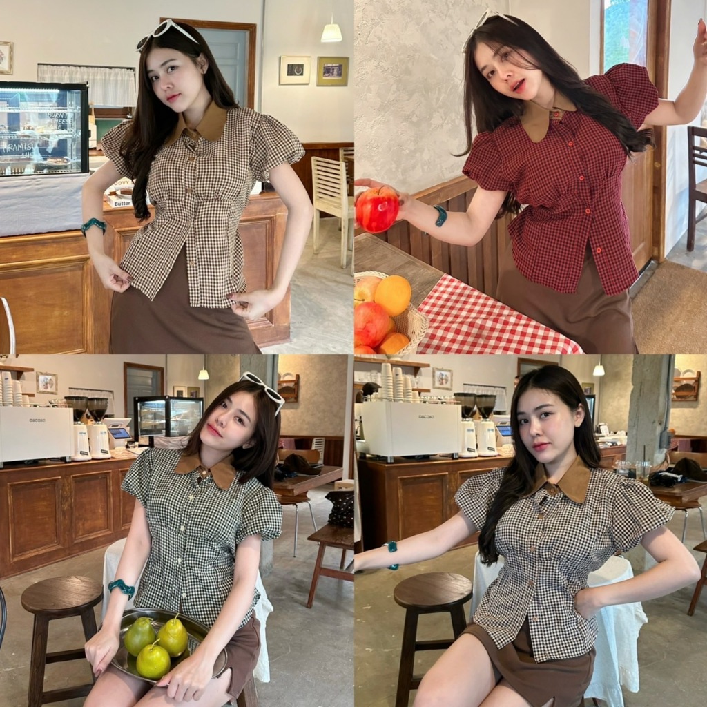 MR024 TARA Shirt เสื้อเชิ้ต กระดุมหน้า คอปก แขนตุ๊กตา มีสายผูกเอว เนื้อผ้าฝ้ายพิมพ์ลายสก็อต