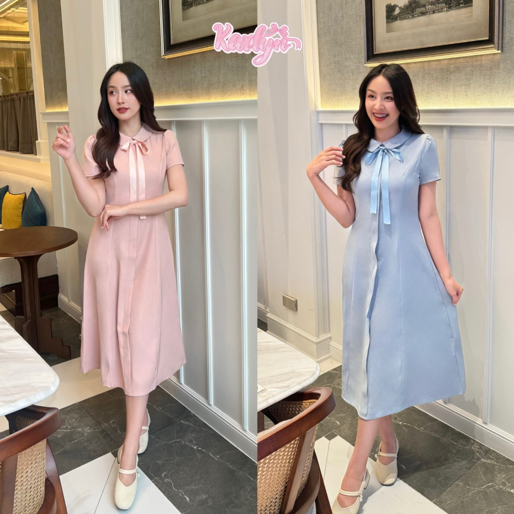 【Karlyn】FZ-CC-I18# เดรสยาวคอบัวแขนสั้น ผูกโบว์ สไตล์ฝรั่งเศล เอวเข้ารูปทรงสวยมาก ใส่เที่ยวใส่ทำงานได้