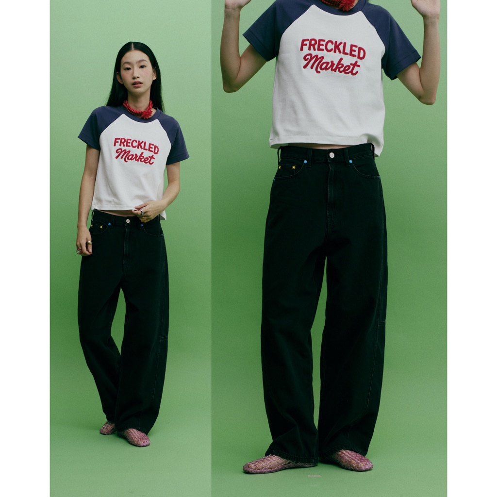 The Freckled Market กางเกงยีนส์ขากระบอก Baggy Jeans 002 สีฟอก