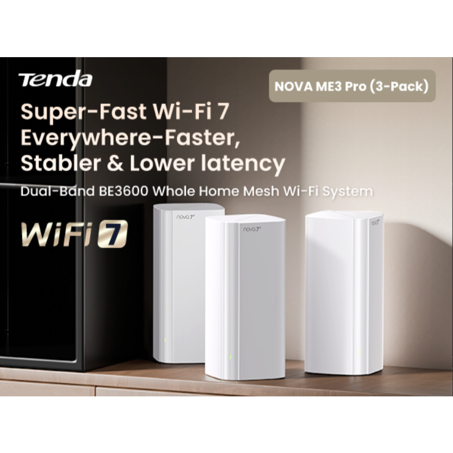 Tenda ME3 Pro BE3600 WiFi 7 Mesh Router 2 ย่านความถี่ พอร์ต Gigabit พร้อม VPN Seamless Roaming