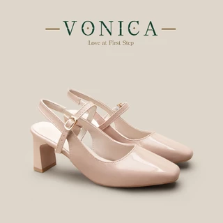 VONICA รองเท้าส้นหนาสีเบจ สำหรับผู้หญิง เก๋ไก๋ เหมาะกับออฟฟิศและงานแต่ง