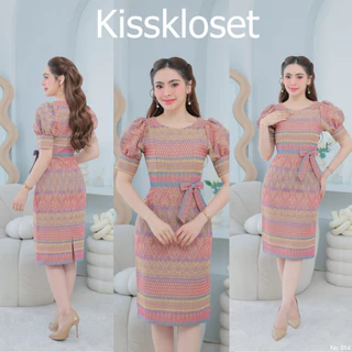 KS814 ชุดเดรสผ้าทอลาย คอปาด แต่งโบว์เอว ทรงสอบ แขนตุ๊กตา งานอัดกาวทั้งชุด ทุกชิ้น ซิปซ่อนด้านหลัง (S-2XL)