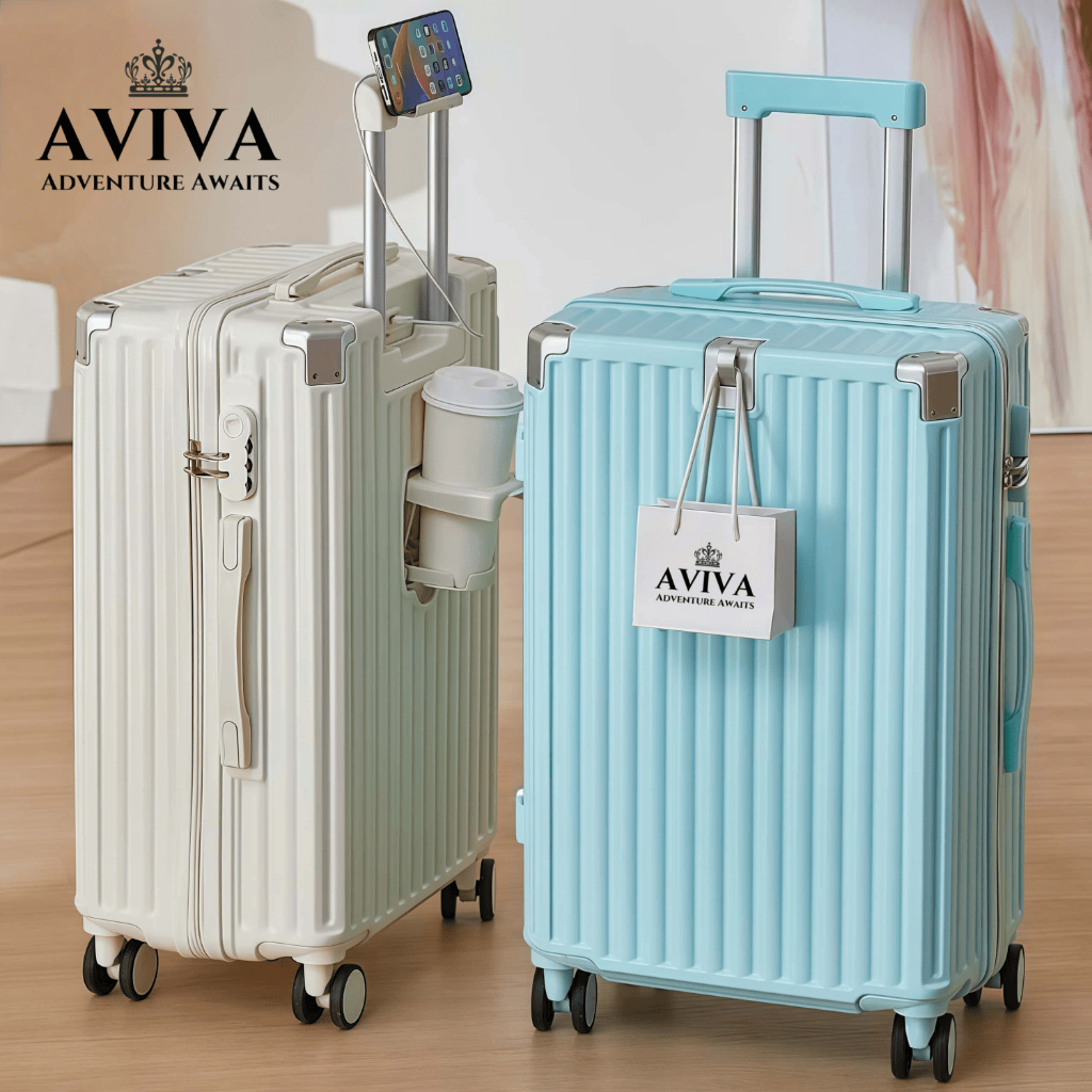 AVIVA ฟังก์ชั่นการชาร์จ USB กระเป๋าเดินทาง 20/24/28นิ้ว พร้อมตะขอ โลหะป้องกัน เบา กระเป๋าล้อลาก หลายฟังก์ชันกระเป๋าเดินท