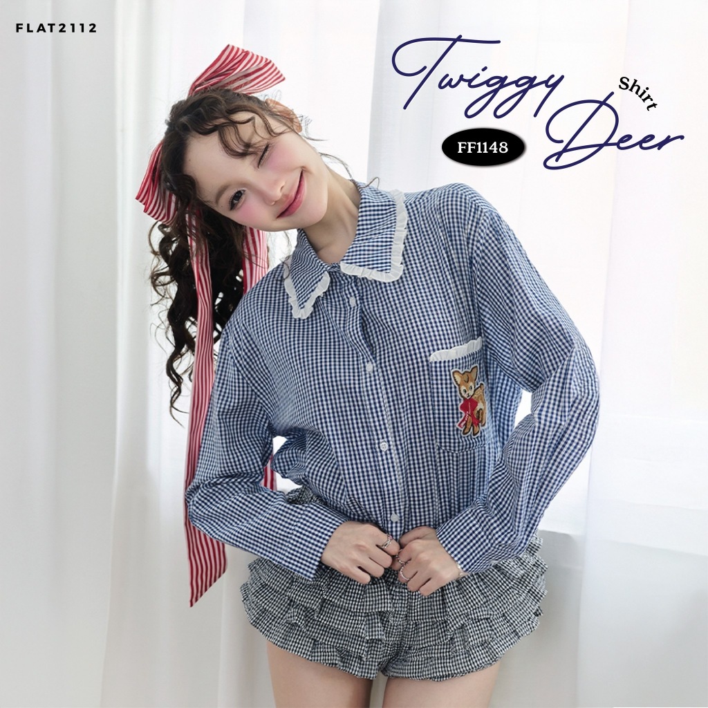 FLAT2112 : TWIGGY DEER SHIRT  เสื้อเเฟชั่น เสื้อคอปก เสื้อใส่เที่ยว มีพลัสไซซ์ (FF1148)