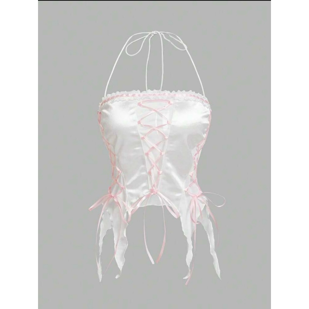 [พร้อมส่ง] Size XS เสื้อY2K เสื้อท็อปTop สายเดี่ยวรัดไขว้คล้องคอแบบผูก ริบบิ้น สีชมพูขาว