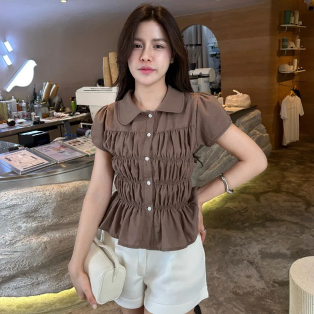 เสื้อแขนตุ๊กตาคอบัว กระดุมหน้า ผ้าฝ้าย thumbnail 8