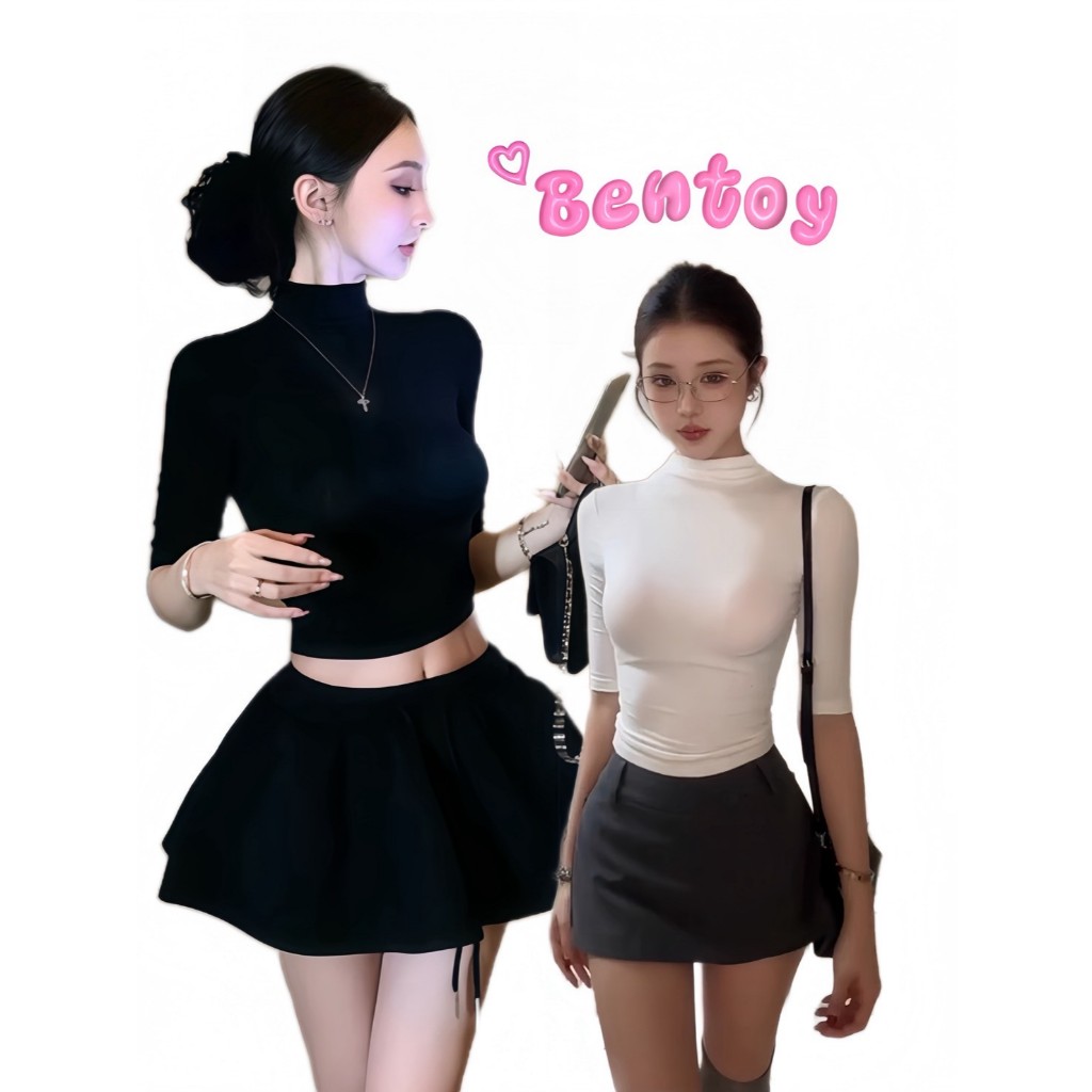Bentoy พร้อมส่ง ( 8715 )เสื้อยืดแขนสั้นคอเต่ารัดรูป พรางหุ่น ใส่สวยมาก ผ้านิ่มสบาย ใส่แล้วดูผอม