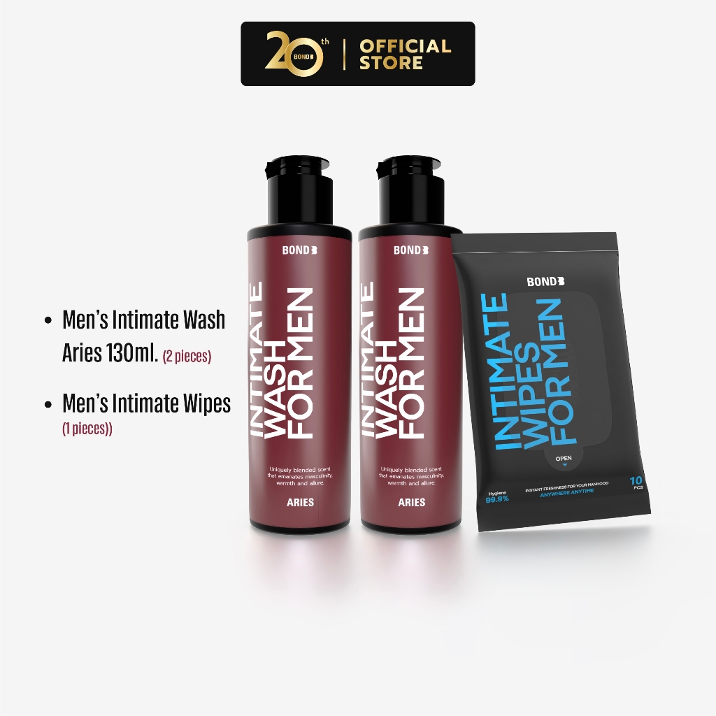 Bond Men's Intimate Wash Aries 130 ml. (สูตรอุ่น) 2 ขวด + Bond Men's Wipes 1 ห่อ