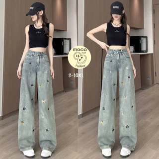 1743-NEWSIZE/S-10XLกางเกงยีนส์ขายาวกระบอกกลางเอวต่ำสีสนิมฟอกปักลายสุนัขทั้งตัวใส่ได้ทั้งผู้ชายละผู้หญิงพร้อมส่ง
