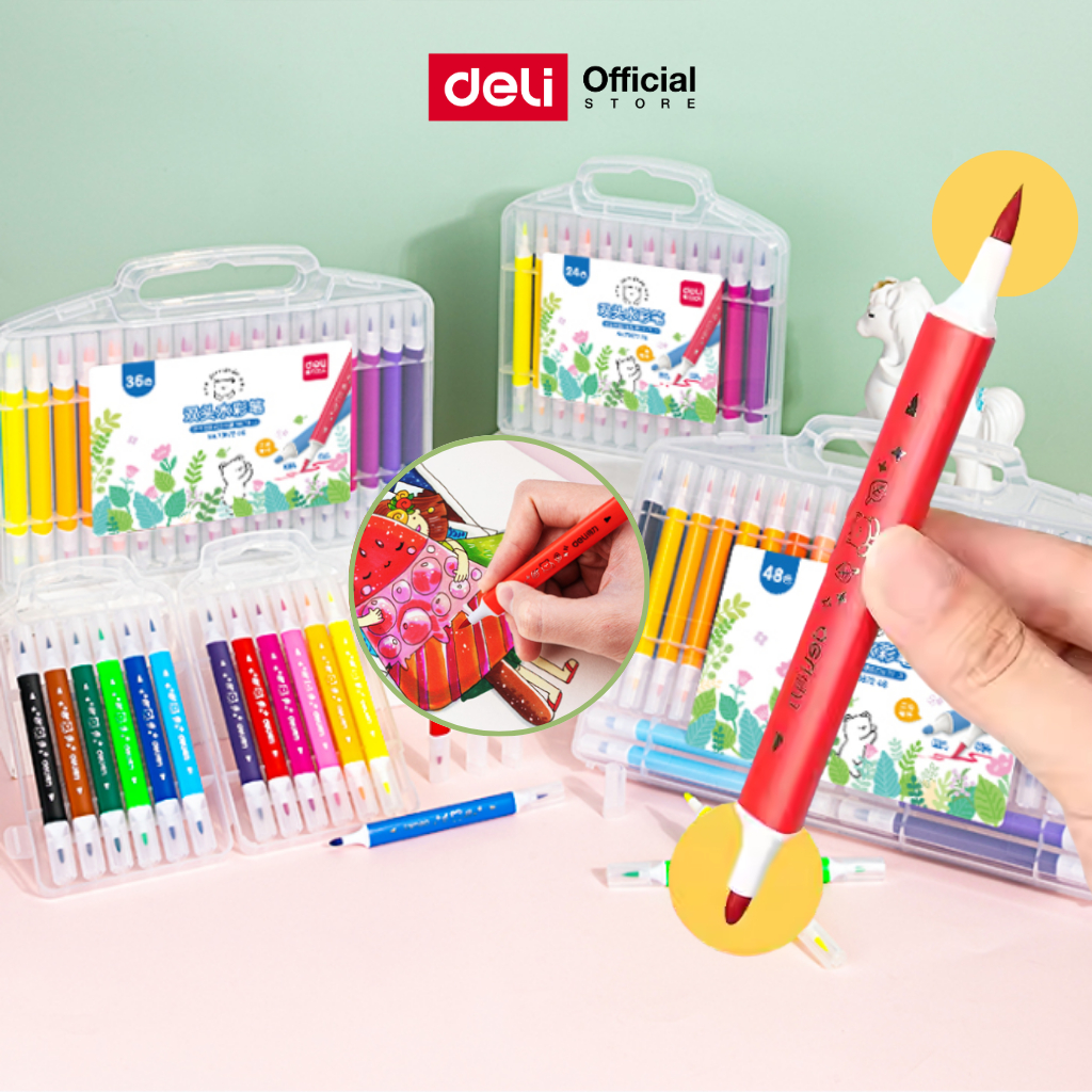 Deli ปากกามาร์คเกอร์ 2 หัว สีสด คมชัด ระบายลื่น ชุด 12/24/36/48 สี Marker Pen จำหน่าย 1 ชุด