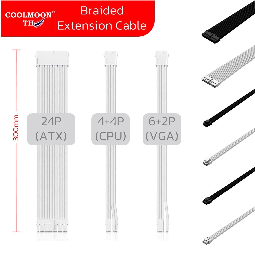 Braided Extension Cable สายถัก 24P 4+4P 6+2P ยาว30cm Motherboard CPU VGA