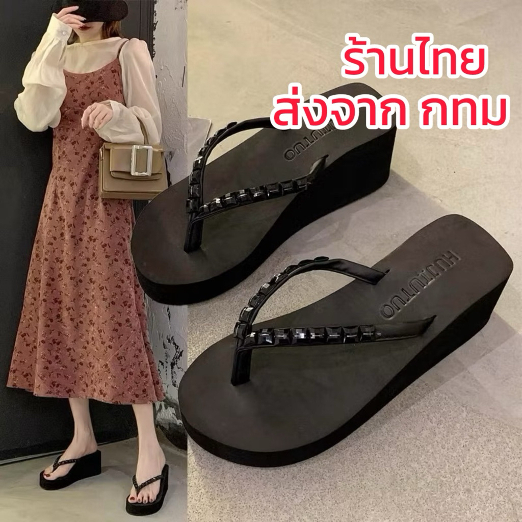 ส่งไว❤️‍  35-40 รองเท้าแตะส้นสูง แบบหนีบ ประดับคริสตัล น้ำหนักเบา ใส่สบาย PALIN.BASIC