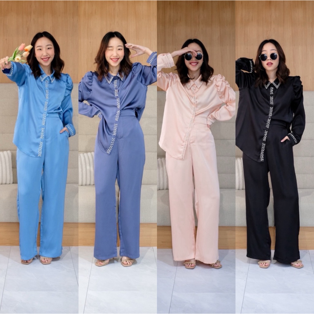 LS689 set เชิ้ตแขนยาว+กางเกงขายาว  ติดเพชรกับมุกที่ปกและเสื้อ แต่งขอบปลายแขนติดมุกกับเพชร