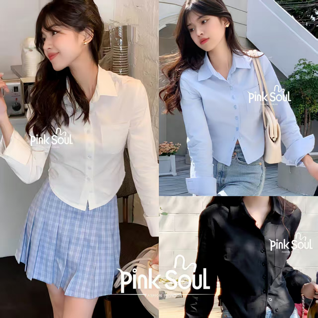 เสื้อเชิ้ตแขนยาวครอป เสื้อแฟชั่นผู้หญิง สไตล์เกาหลี เว้าเอว งานรัดรูป ผ้าคัตตอล Lady Clothing