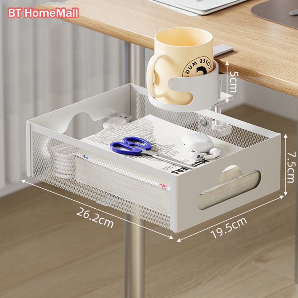 รางเก็บสายแนวนอน ที่วางแก้วน้ำ 2 in1 ไม่มีการต่อย สามารถหมุนได้ 360 ° ถาดจัดระเบียบสายเคเบิลใต้โต๊ะ