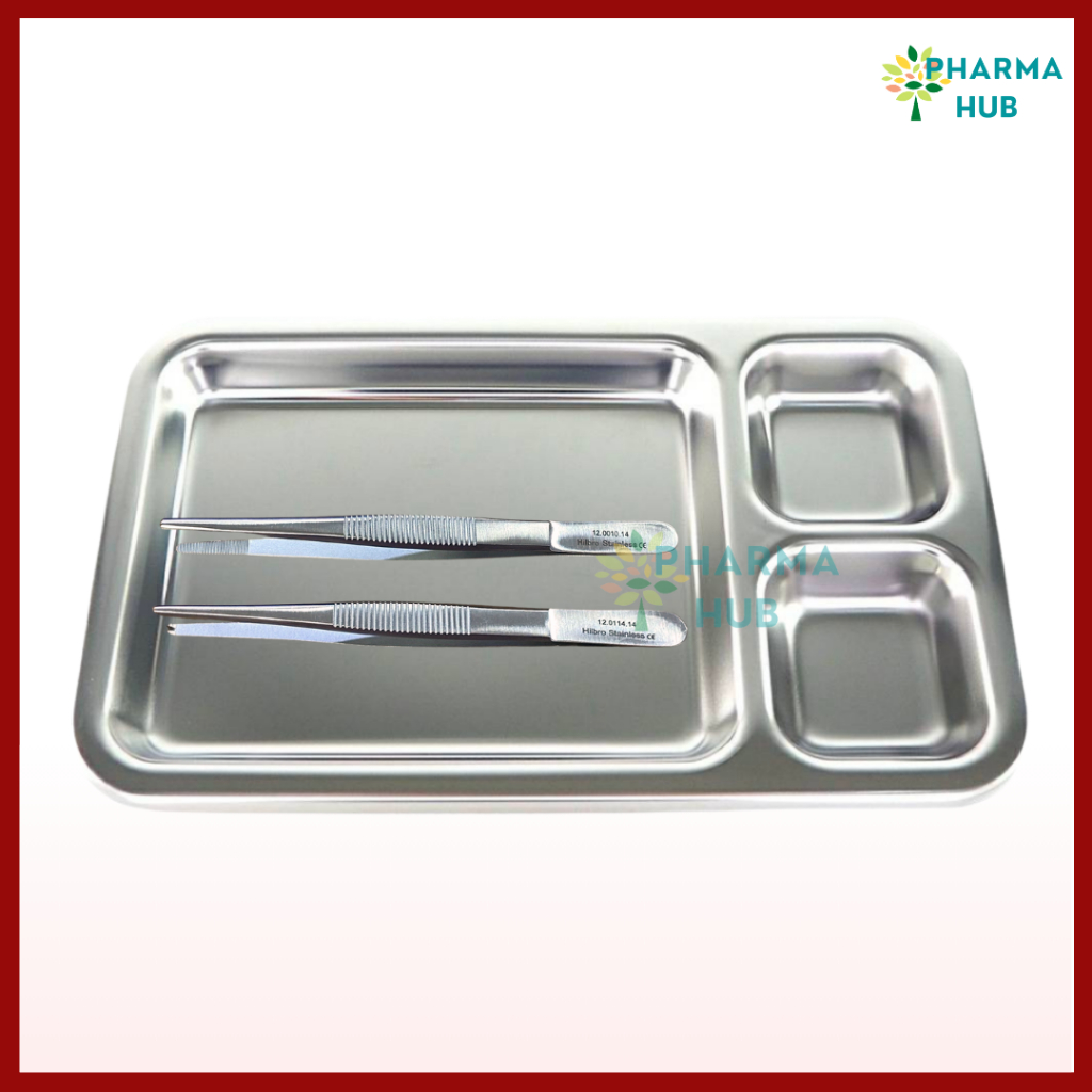 ชุดทำแผลสแตนเลส พร้อมปากคีบ 2 อัน (ถาดหลุมทำแผล+ ปากคีบมีเขี้ยว+ปากคีบไม่มีเขี้ยว) สแตนเลสเกรด 304
