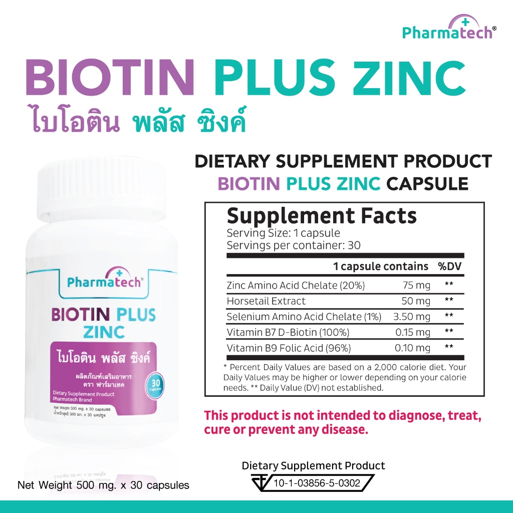 [ซื้อ 1 แถม 1] ไบโอติน พลัส ซิงค์ ฟาร์มาเทค Biotin plus Zinc Pharmatech สารสกัดจากฮอร์สเทล หญ้าหางม้า Horsetail Extract - รูปที่ 3