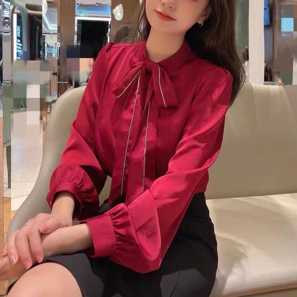 เสื้อทำงานผู้หญิงผ้าชีฟอง เสื้อแขนยาวออกแบบผูกโบว์ข้างหน้าสไตล์เกาหลี 2026