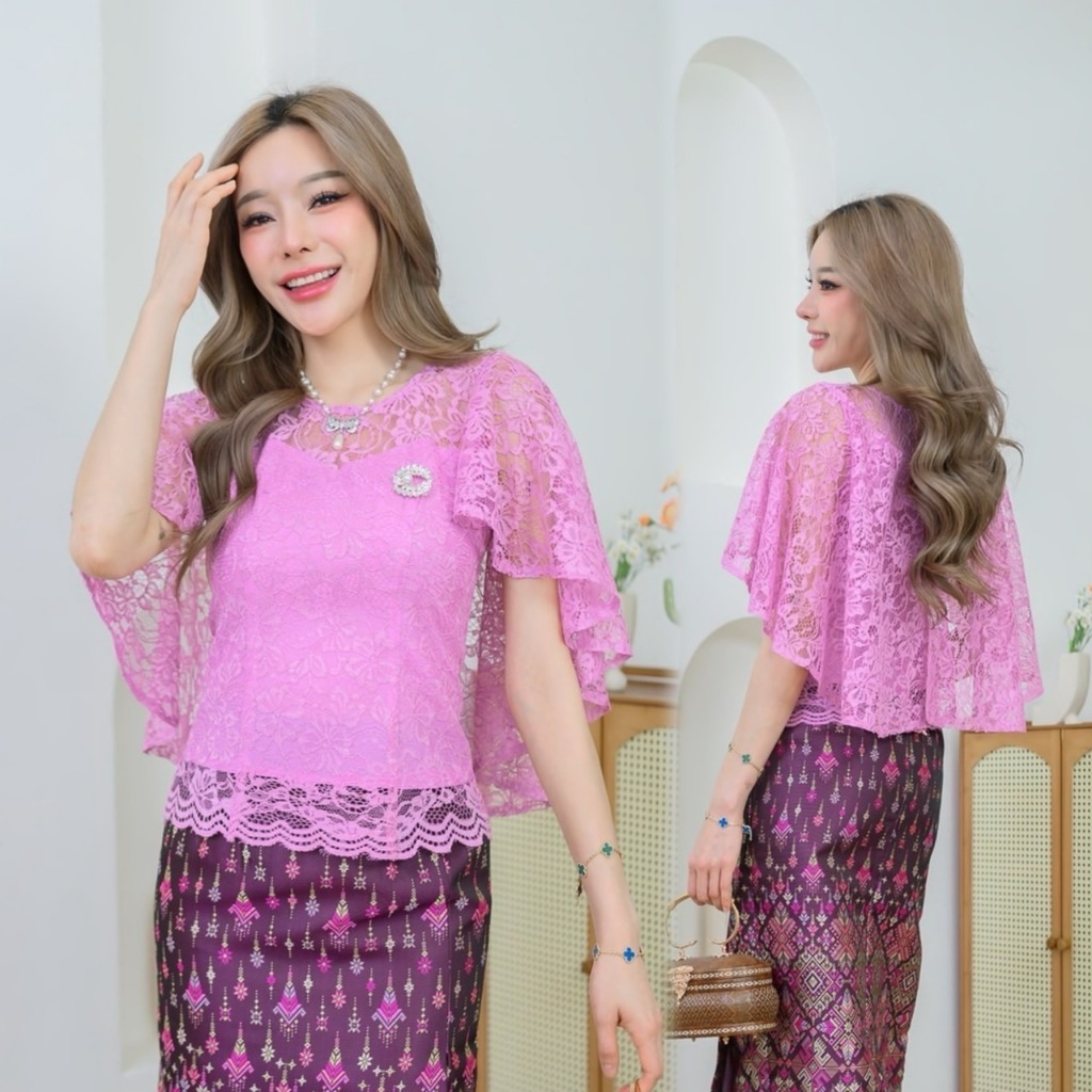 68041 รุ่น "พิชชา" เสื้อลูกไม้ฝรั่งเศส เนื้อนุ่ม ดีไซน์แขนระบายปีกนางฟ้า ทรงสวย ละมุนมากๆ