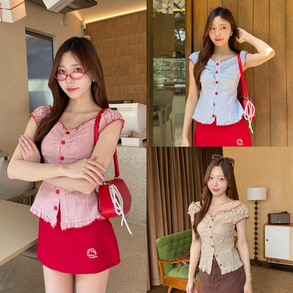 littlesoulmate เสื้อครอปแขนดอลลี่ กระดุมแดง ตัดขอบด้ายทูโทนแดง ใส่ไปคาเฟ่(real red)