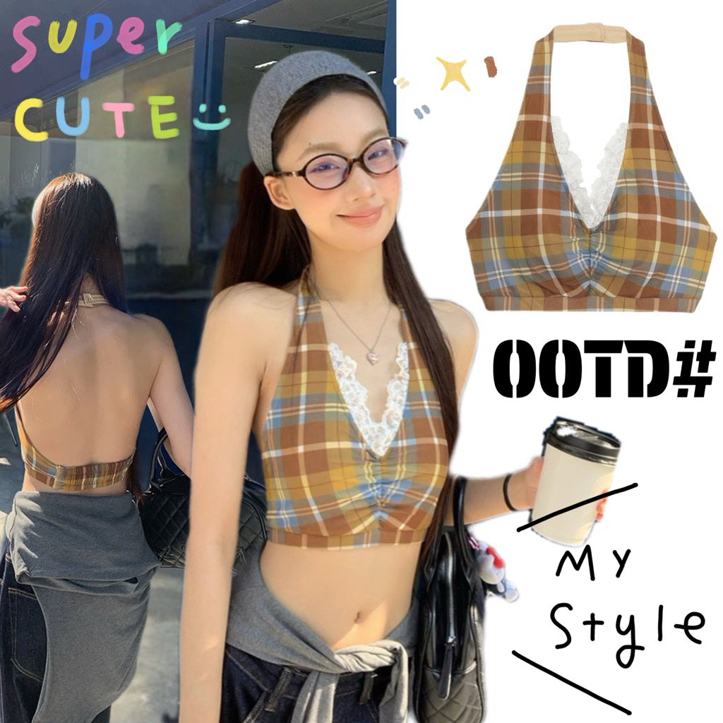 STR พร้อมส่ง🍑🥑 เสื้อคล้องคอแต่งลูกไม้ คอวี ลายสก๊อต โชว์หลัง เสื้อครอปแขนกุด ทรงครึ่งตัว ชุดไปทะเล เซ็กซี่แฟชั่นผู้หญิง