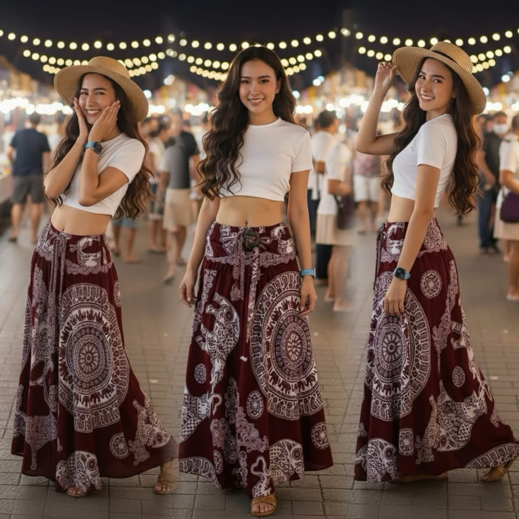 กระโปรงกะลา Maxi Skirt สไตล์โบฮีเมียน ใส่ได้2แบบ ผ้าเรยอน
