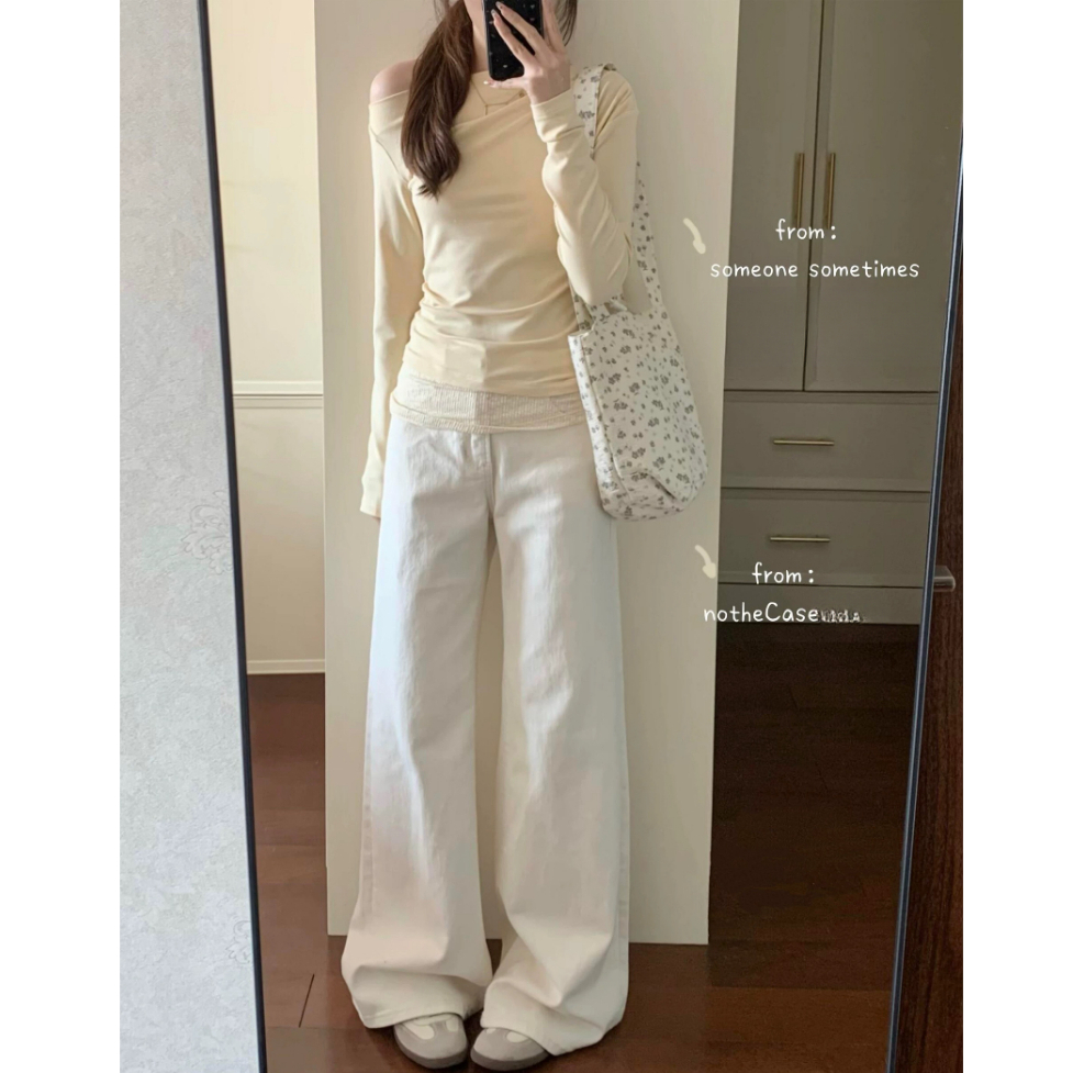 กางเกงยีนส์ทรงตรง เอวสูง กางเกงขายาวทรงหลวมๆ ใส่สบาย ใช้งานได้หลากหลาย