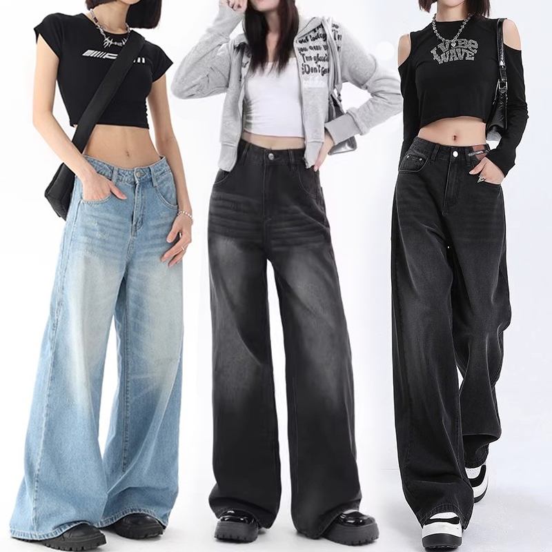 S~5XL Black straight-leg jeans กางเกงยีนส์สีดำสตรี กางเกงยีนส์สไตล์อเมริกันทรงกว้าง กางเกงยีนส์สไตล์คลาสสิก HOT