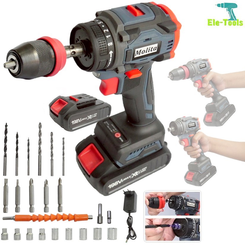 MOLITA สว่านไร้สาย สว่านไร้สายแท้ สว่านไฟฟ้าไร้สาย 198V ไขควง ไฟฟ้า สว่านไขควงไร้สาย สว่านไขควงกระแท