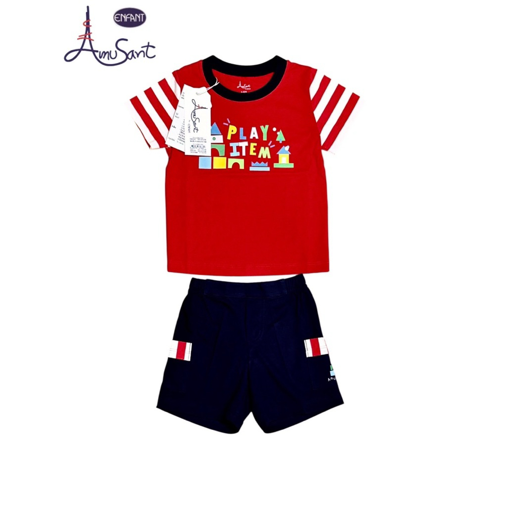 Amusant By Enfant  ลายใหม่ ชนช็อป ชุดหล่อ ชุดเที่ยว ลูกชาย เสื้อยืดคอกลม พร้อมกางเกงขาสั้น สำหรับเด็กขนาด 80,90,100,110